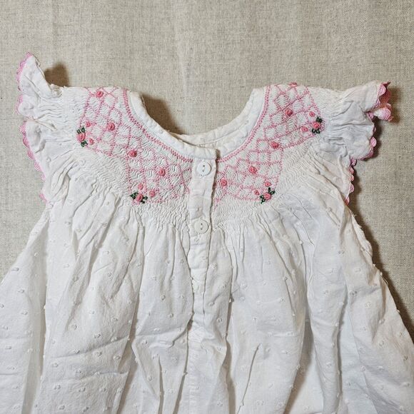 Sweet Southern Smock White Swiss Dot Pink Rose Smocking Ruffle Sleeve Girl 2T - Picture 5 of 9